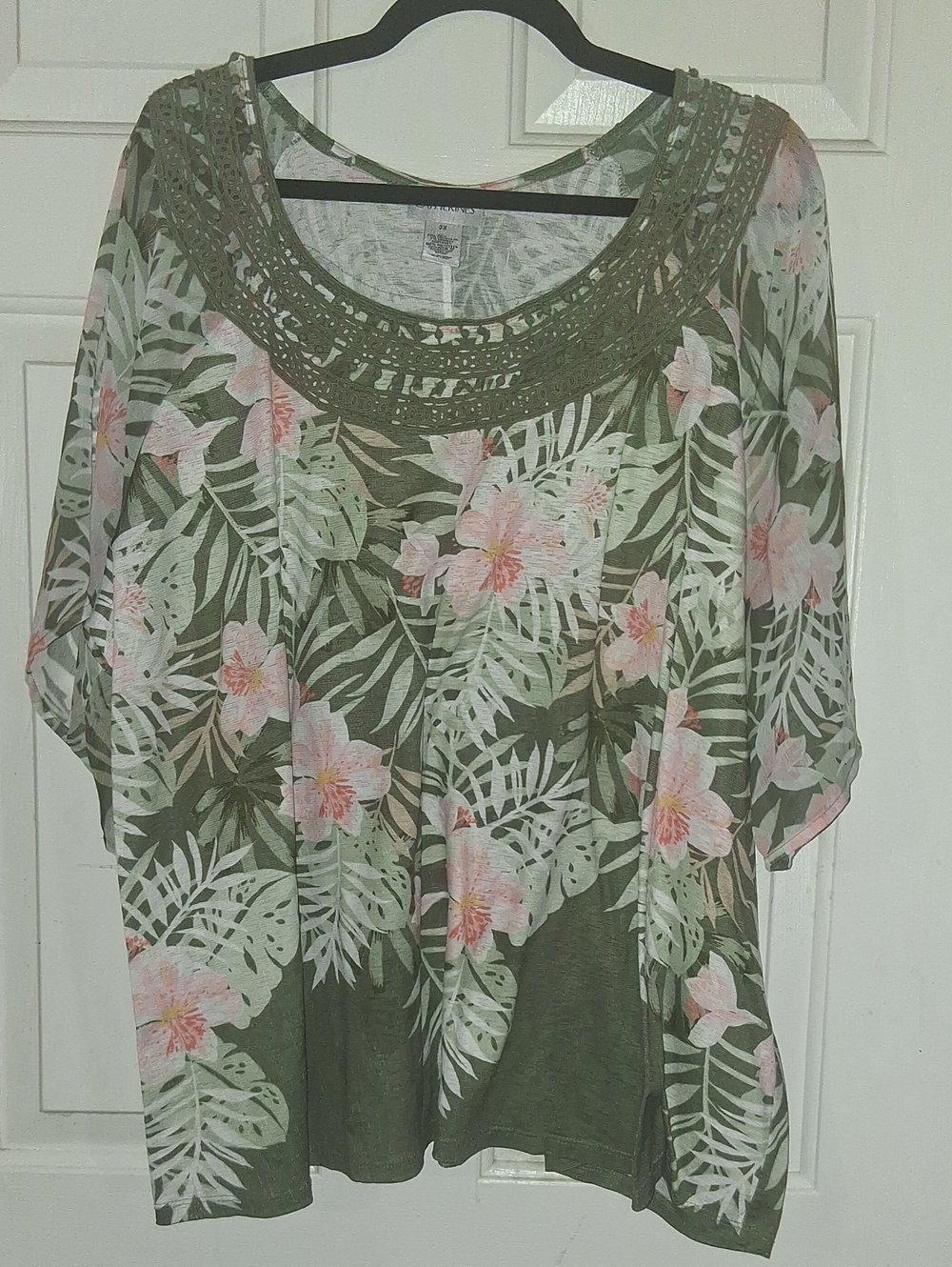 Catherines Olive Green Tropical Floral Crochet Neck Blouse